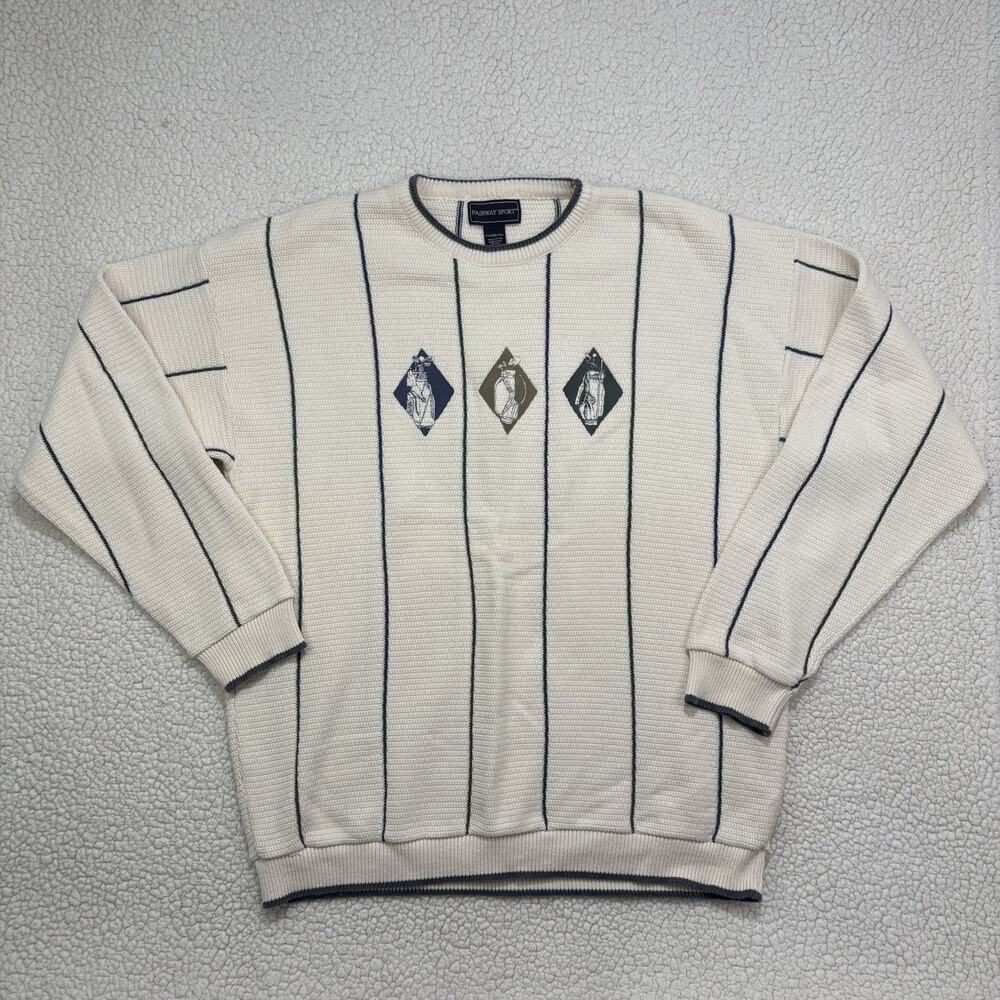 Vintage Golf Sweater Embroidered Cotton Pinstripe USA Made Fairway Sport XL Tall